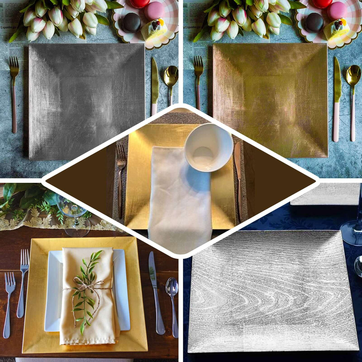 6-Pack Acrylic Charger Plates 12" Square Gold with Embossed Wood Grain - Boho Chic Dinner Party Decor Charger Tableware